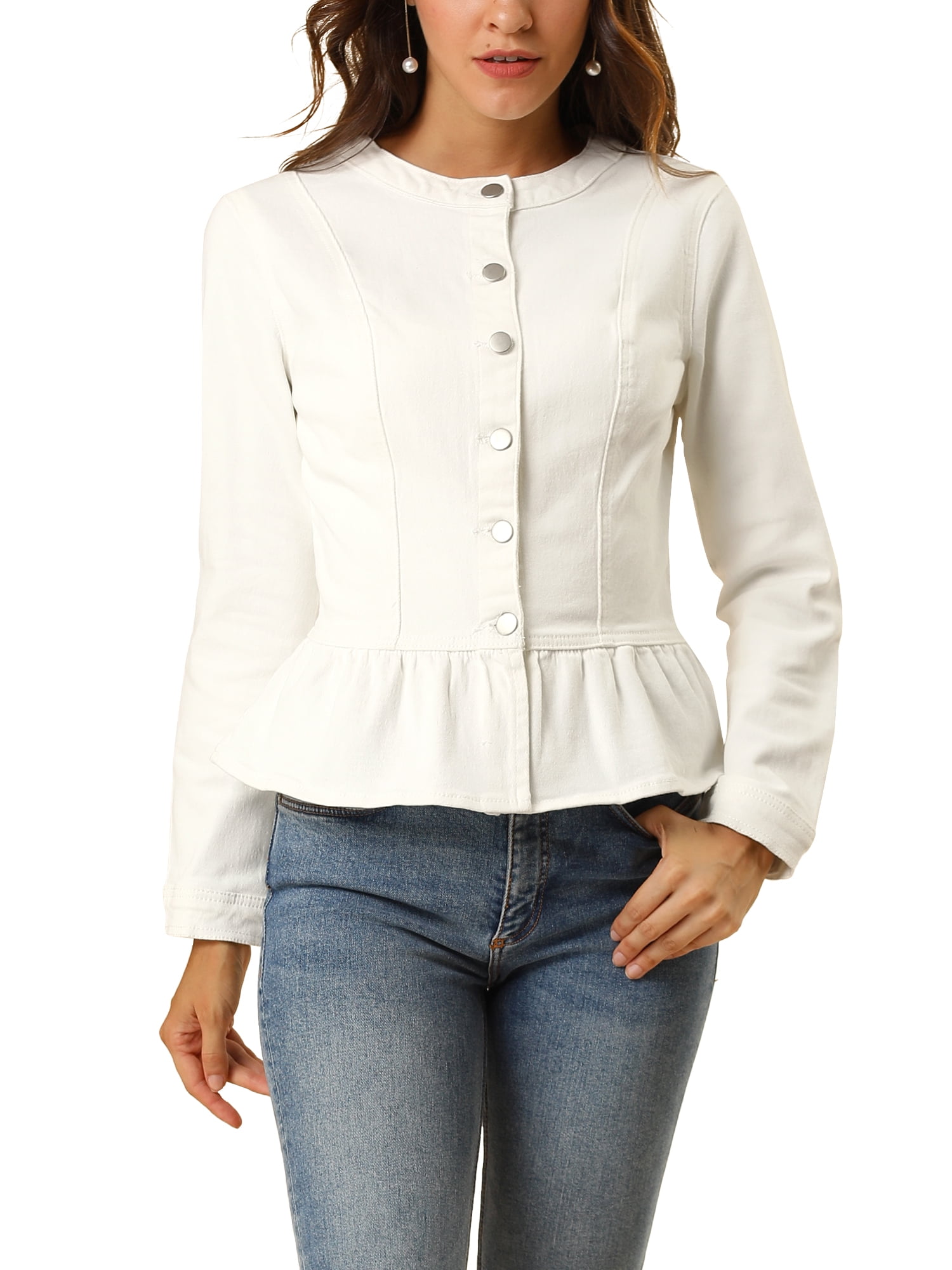 DARING DIVA Women's Button Down Cropped Ruffle Hem Denim Jacket XL White