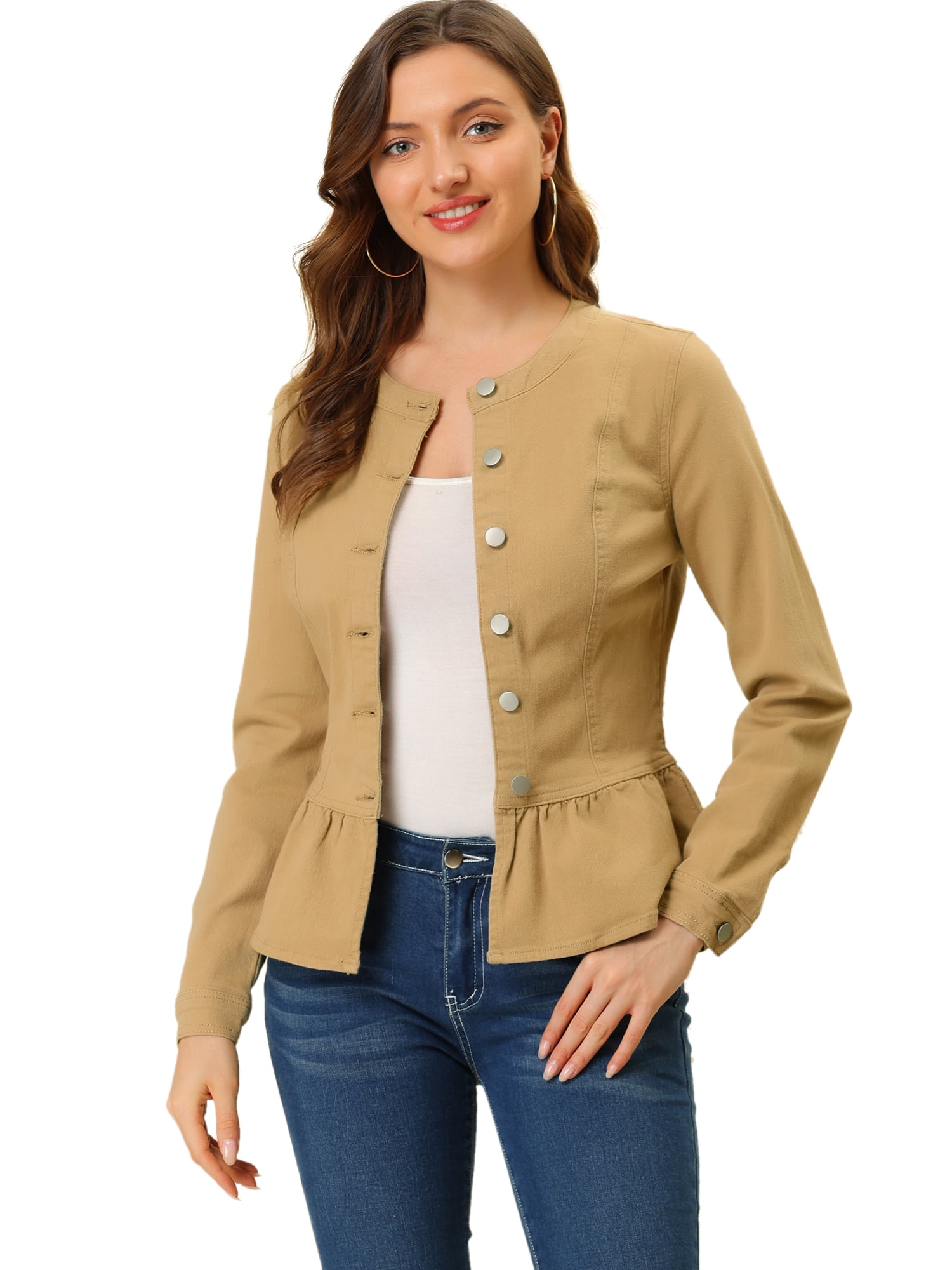 DARING DIVA Women's Button Down Cropped Ruffle Hem Denim Jacket XXL Khaki