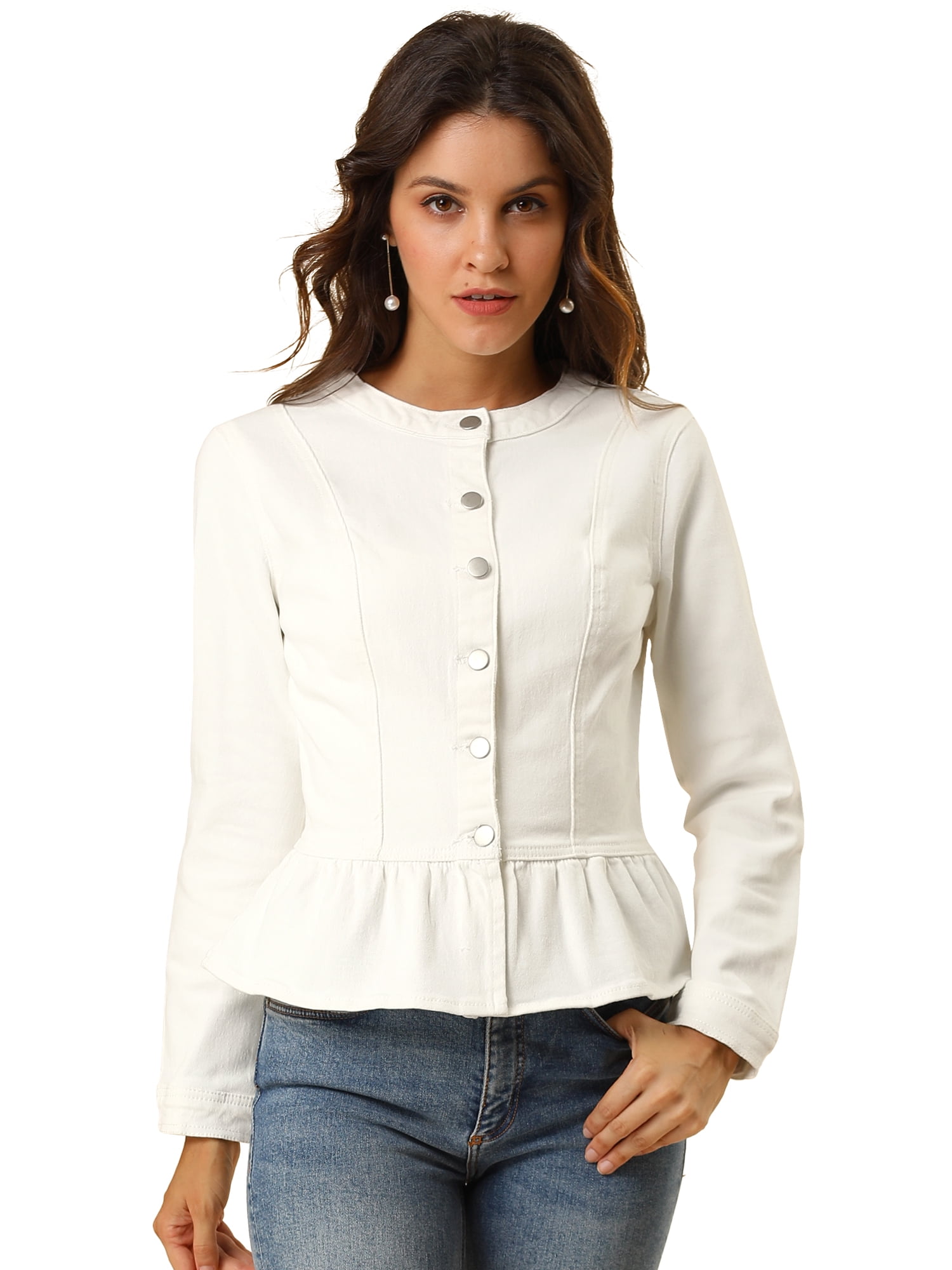 DARING DIVA Women's Button Down Cropped Ruffle Hem Denim Jacket XXL White