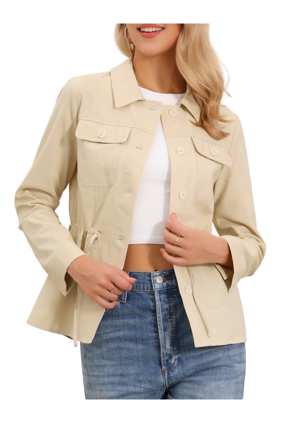 Women's Button Down Drawstring Waist Lightweight Anorak L Khaki