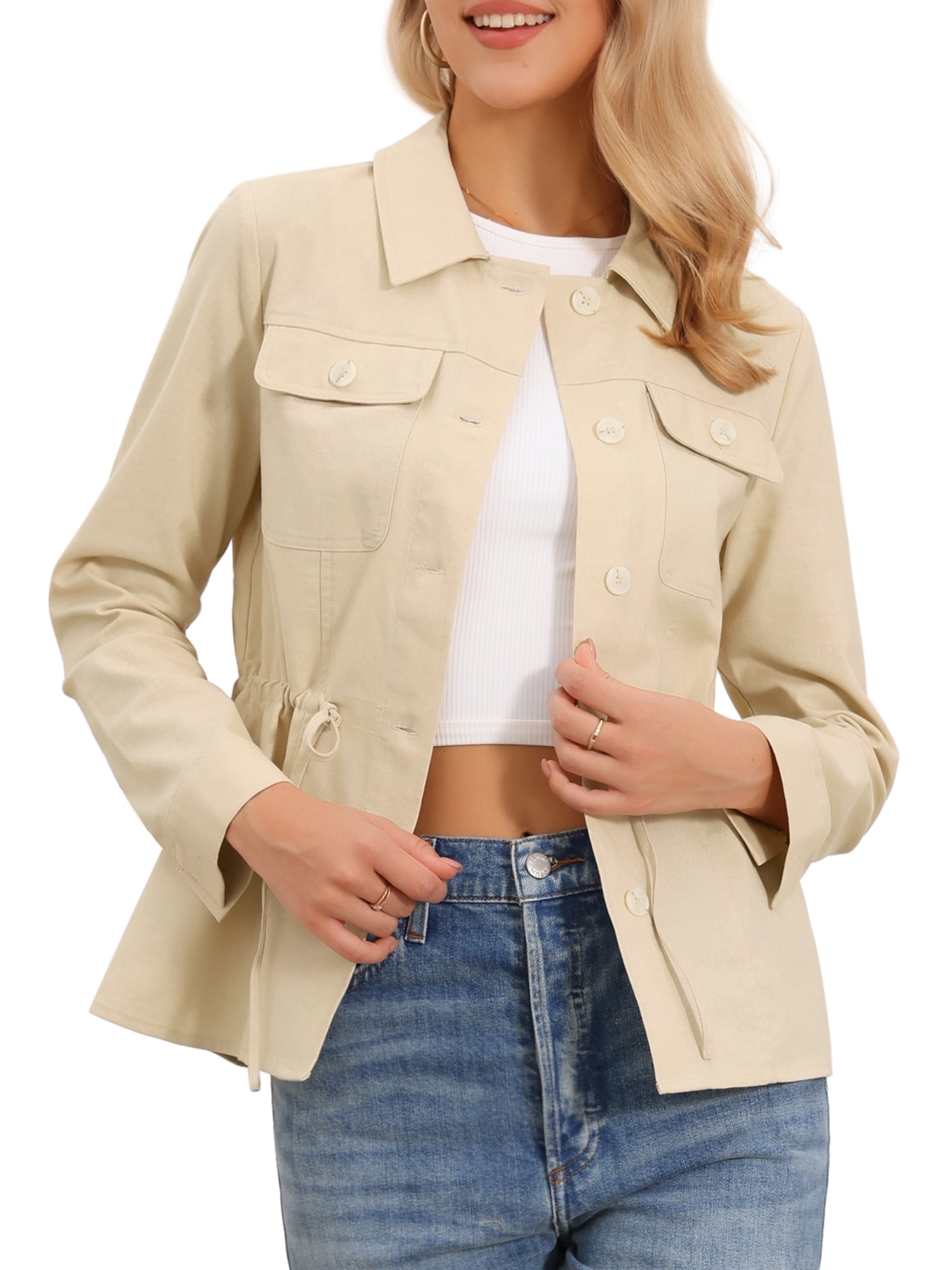 DARING DIVA Women's Button Down Drawstring Waist Lightweight Anorak XL Khaki