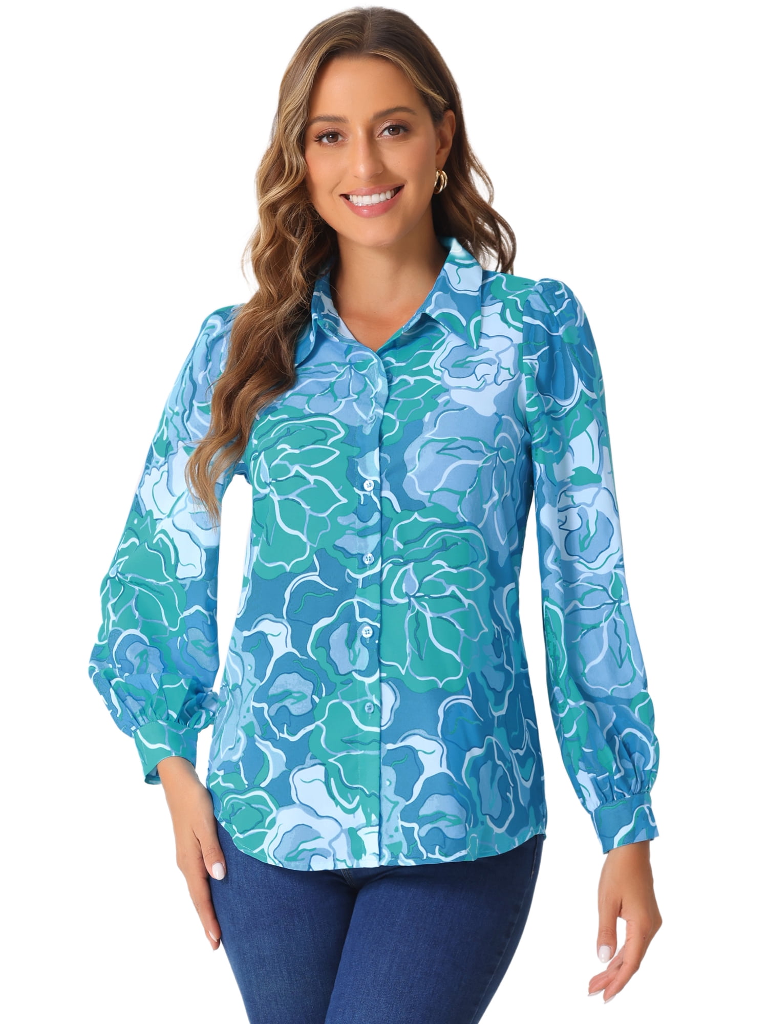 DARING DIVA Women's Button Down Floral Print Chiffon Tops L Blue