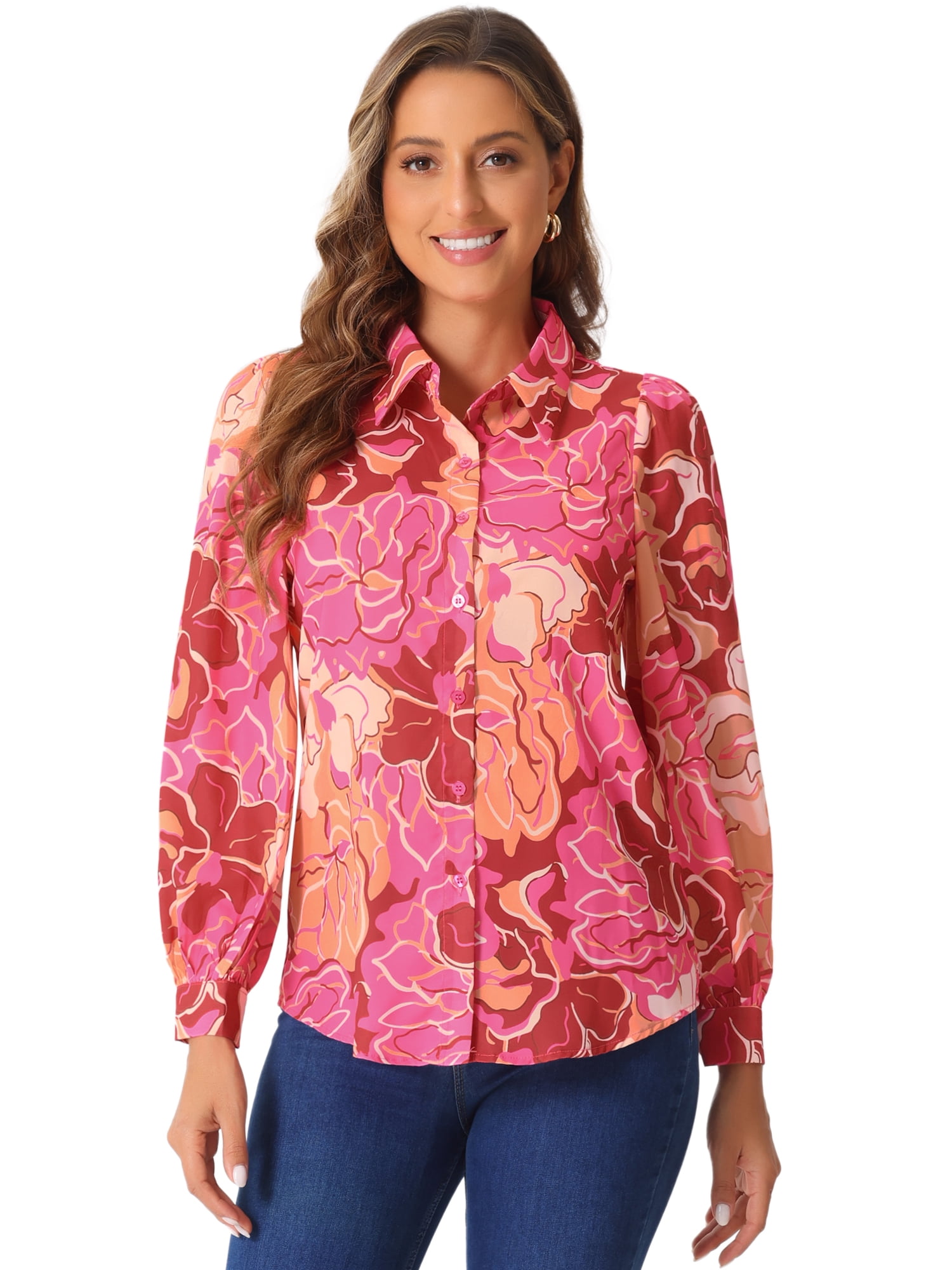 DARING DIVA Women's Button Down Floral Print Chiffon Tops L Red