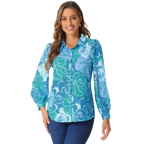 DARING DIVA Women's Button Down Floral Print Chiffon Tops M Blue