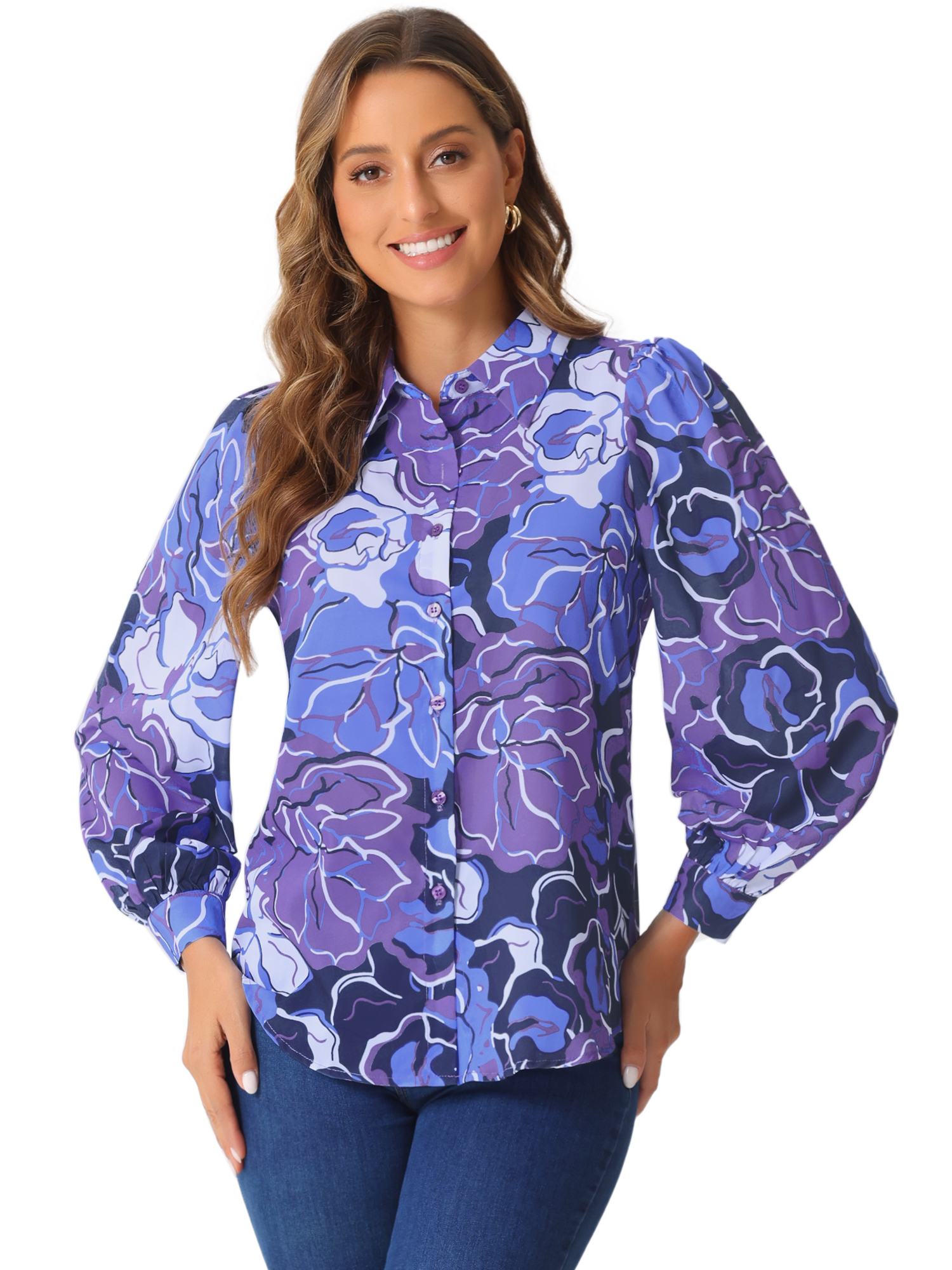 DARING DIVA Women's Button Down Floral Print Chiffon Tops S Purple
