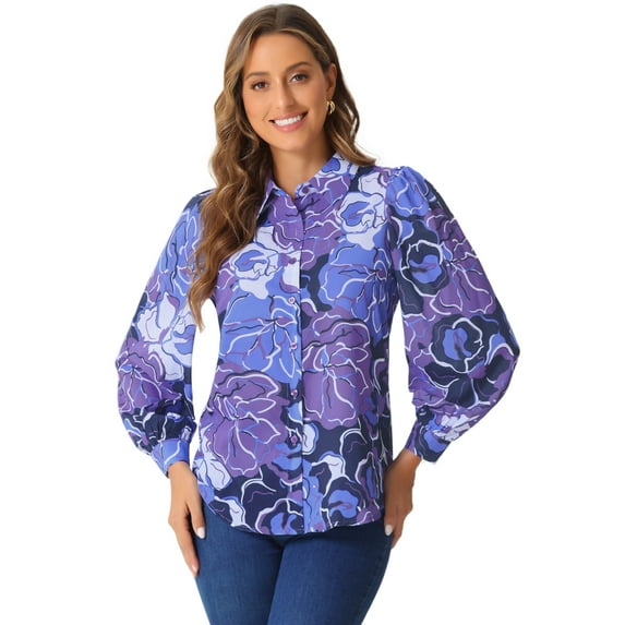 DARING DIVA Women's Button Down Floral Print Chiffon Tops S Purple