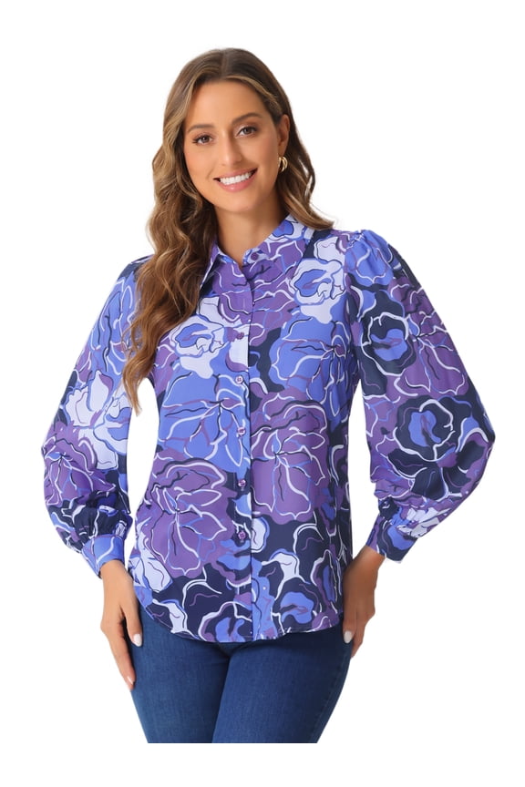 Women's Button Down Floral Print Chiffon Tops S Purple