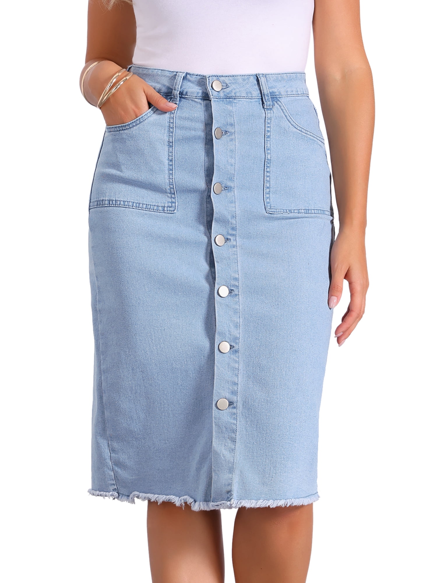 DARING DIVA Women's Button Down Frayed Raw Hem Jean Midi Skirt L Light Blue