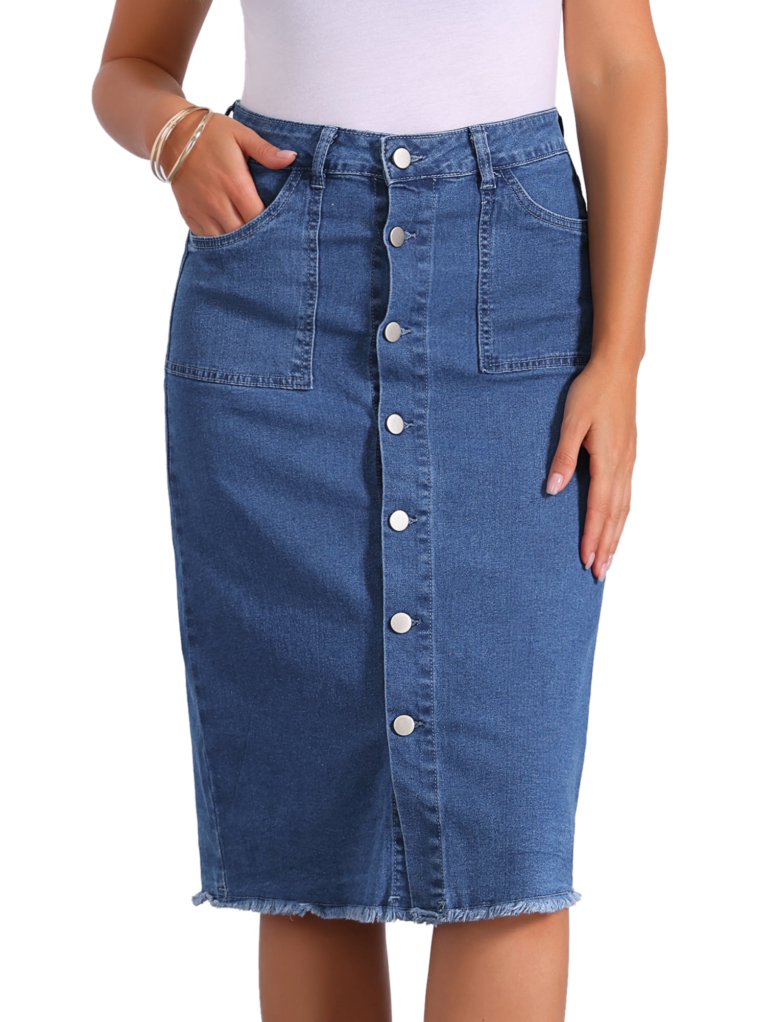 DARING DIVA Women's Button Down Frayed Raw Hem Jean Midi Skirt XS Mid Blue