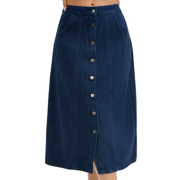 DARING DIVA Women's Button Down Front Slit A Line Midi Jean Skirts 2XL Dark Blue