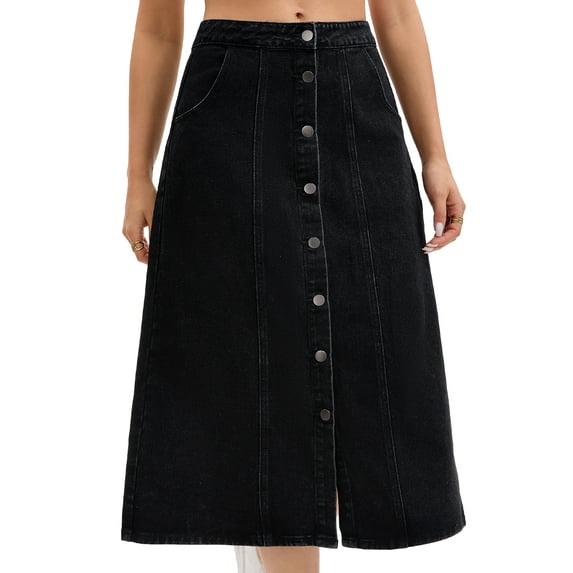 DARING DIVA Women's Button Down Front Slit A Line Midi Jean Skirts L Black