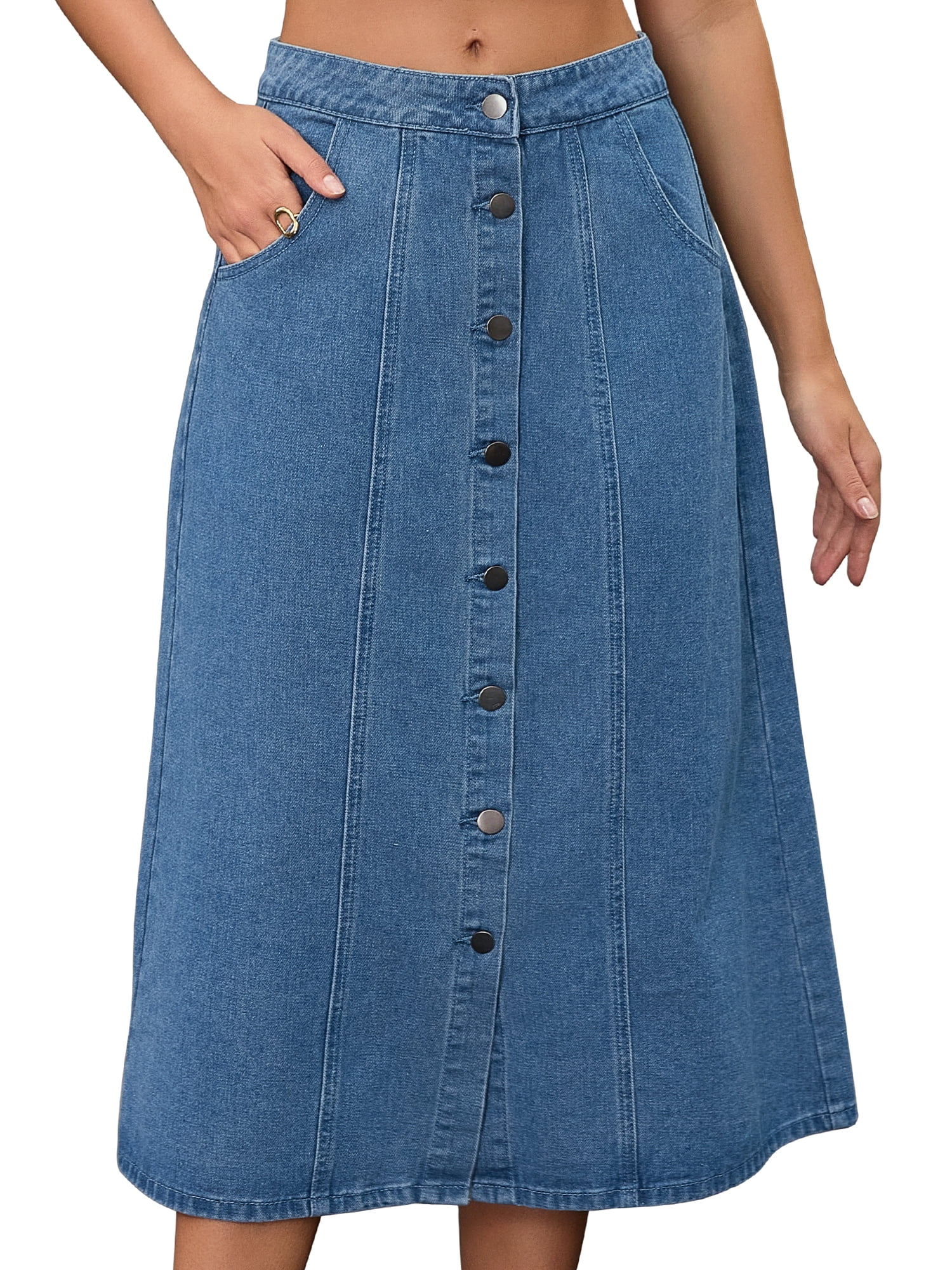 DARING DIVA Women's Button Down Front Slit A Line Midi Jean Skirts M Blue
