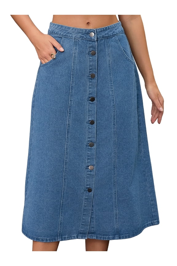 Women's Button Down Front Slit A Line Midi Jean Skirts M Blue