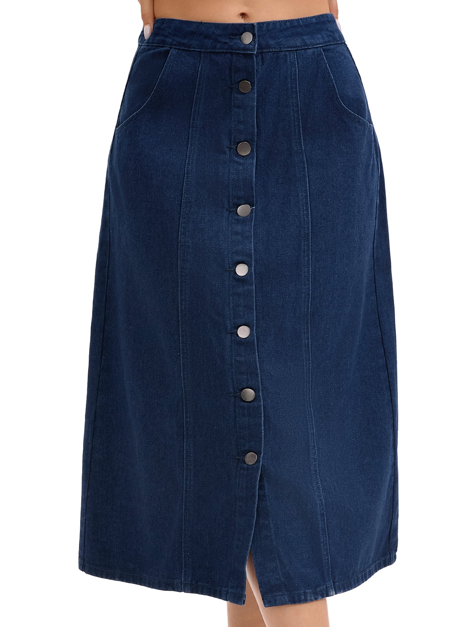 DARING DIVA Women's Button Down Front Slit A Line Midi Jean Skirts M Dark Blue