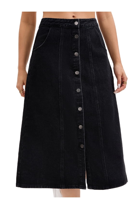 Women's Button Down Front Slit A Line Midi Jean Skirts S Black