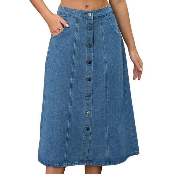 DARING DIVA Women's Button Down Front Slit A Line Midi Jean Skirts S Blue