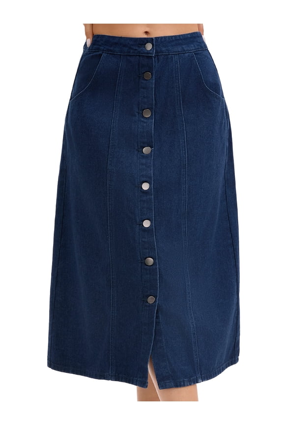 Women's Button Down Front Slit A Line Midi Jean Skirts S Dark Blue