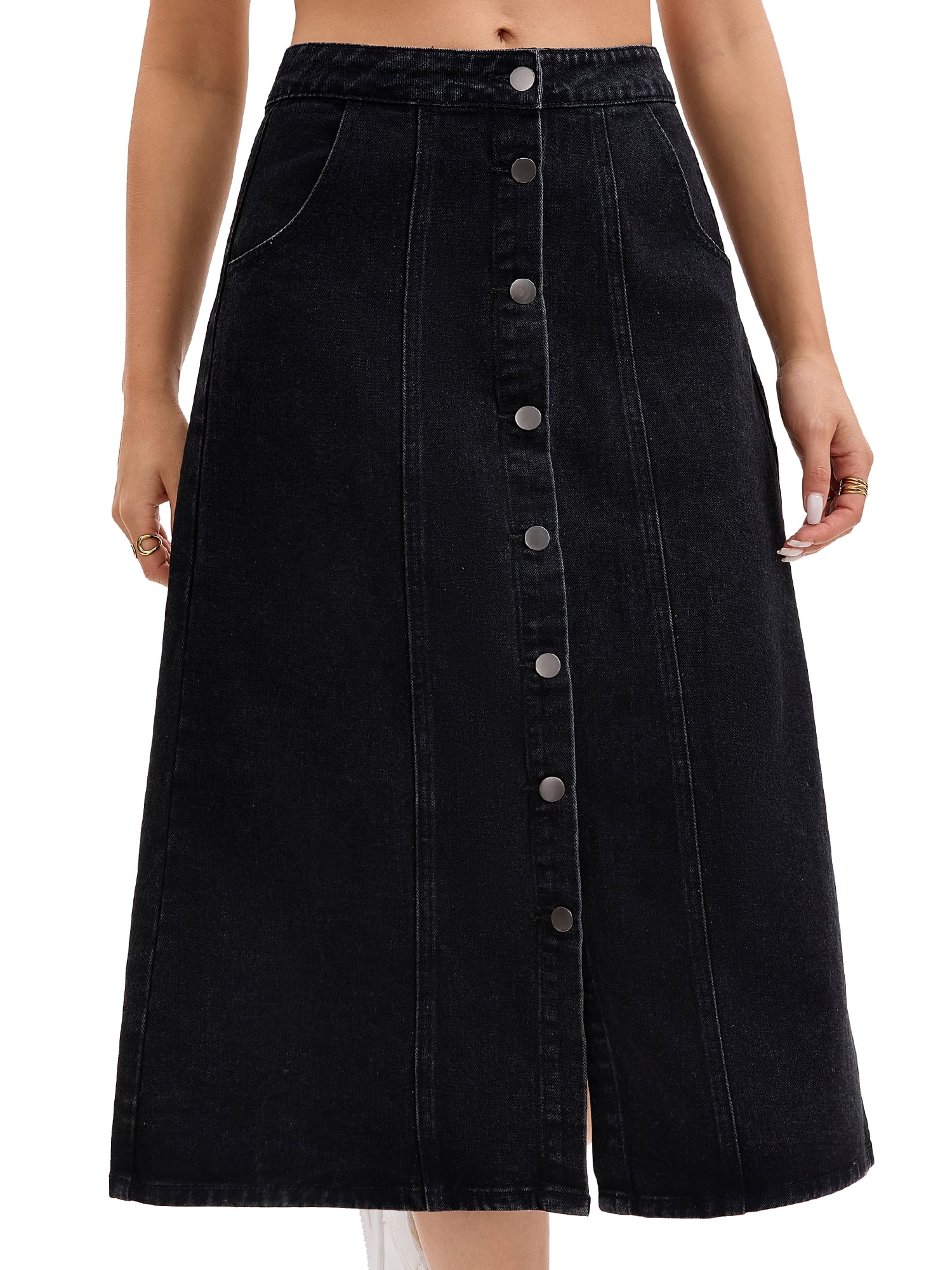 DARING DIVA Women's Button Down Front Slit A Line Midi Jean Skirts XL Black