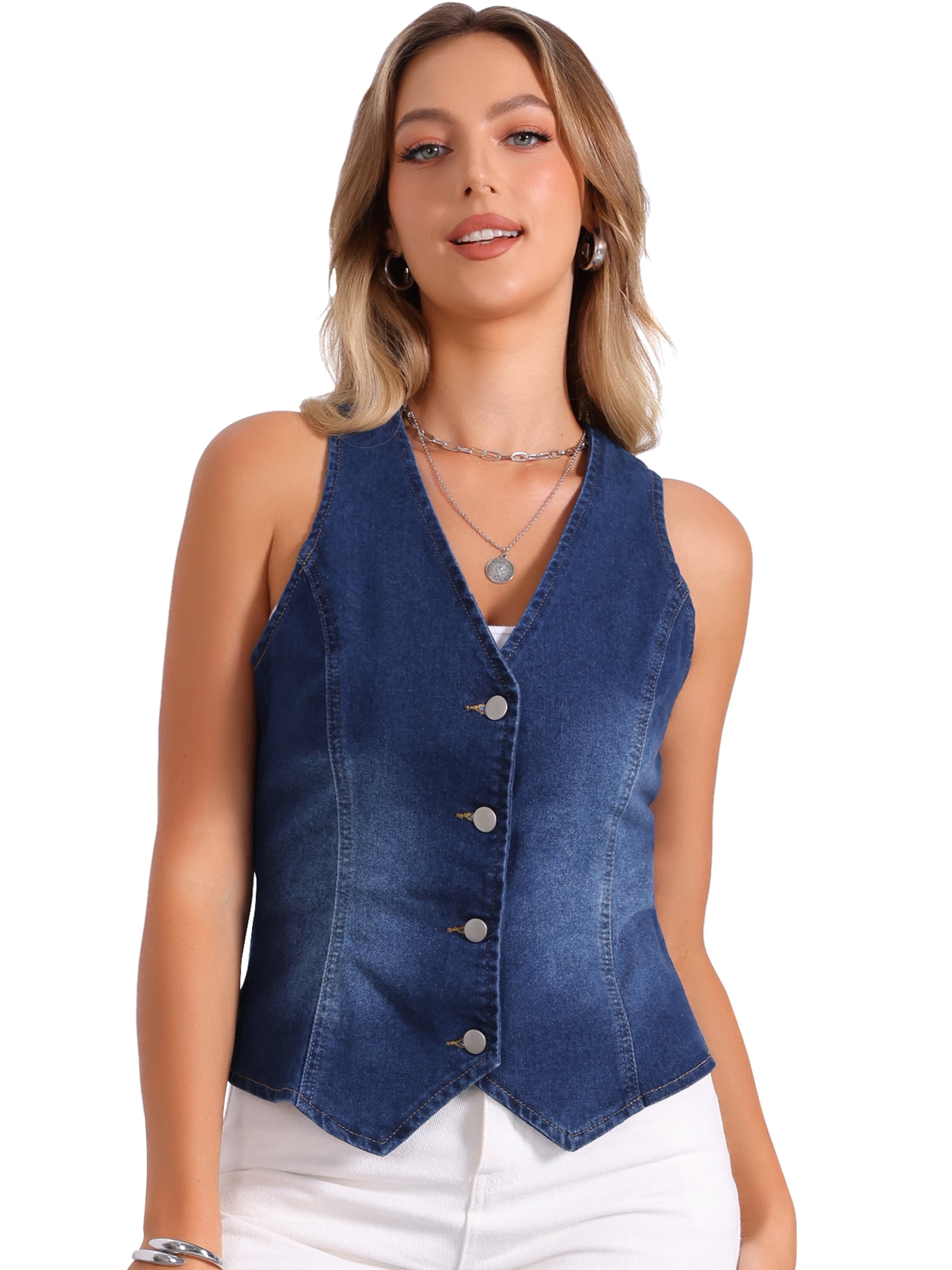 DARING DIVA Womens Denim Vest V Neck Button Down Jean Waistcoat Jacket M Dark Blue