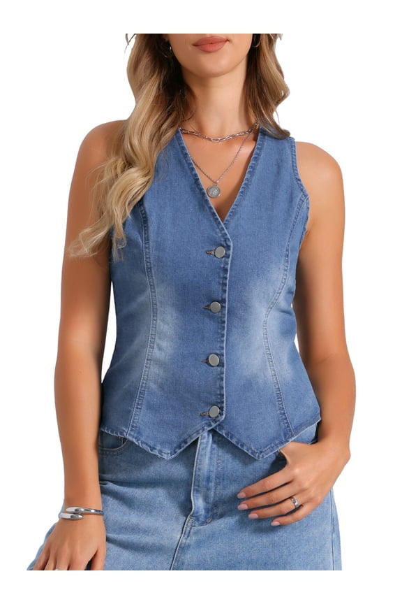 Women's Button Down Jean Waistcoat Fashion Jacket S Light Blue