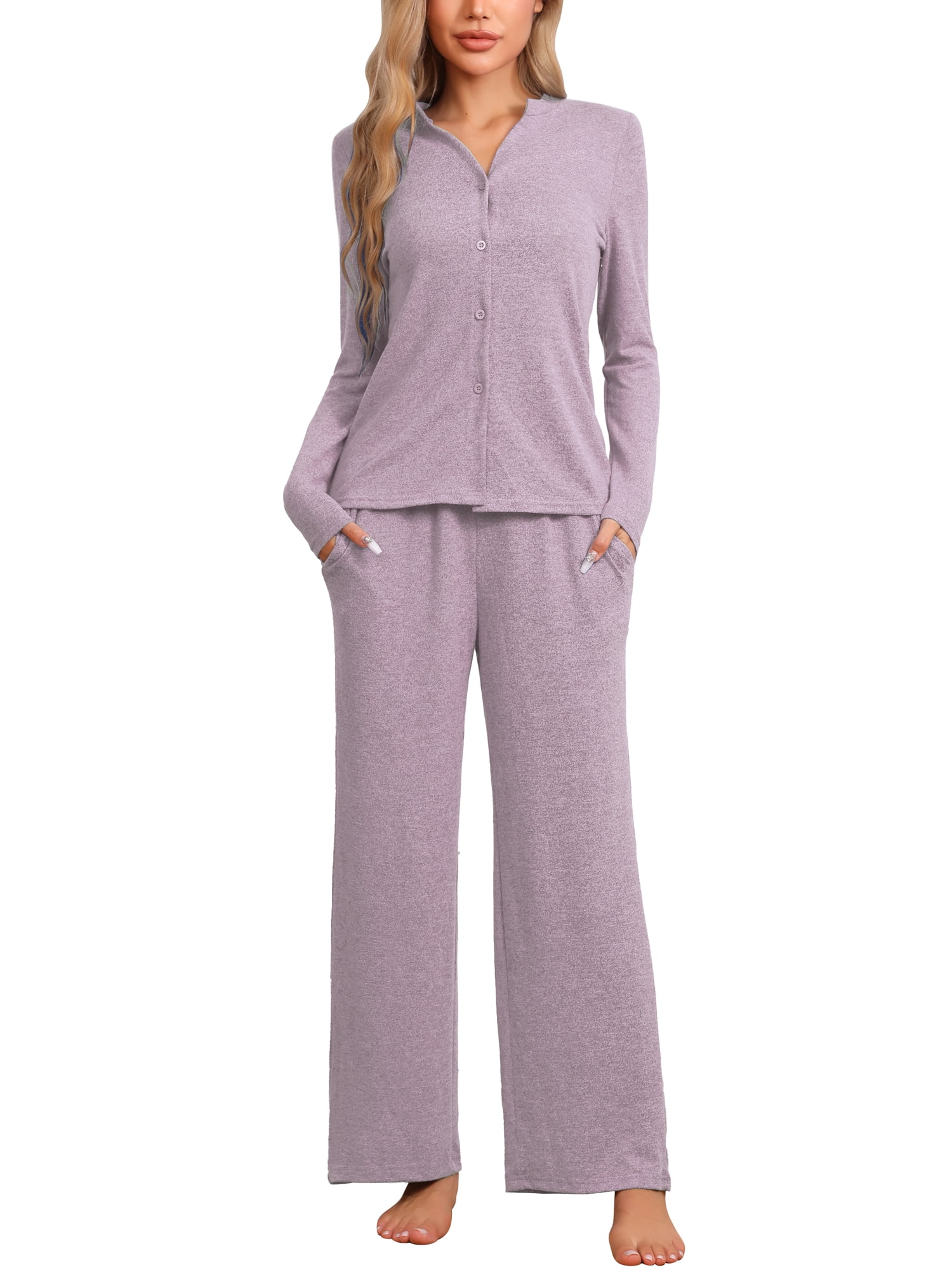 DARING DIVA Women's Sleepwear Pajamas Knit Button Down Tops and Pants with Pockets S Purple