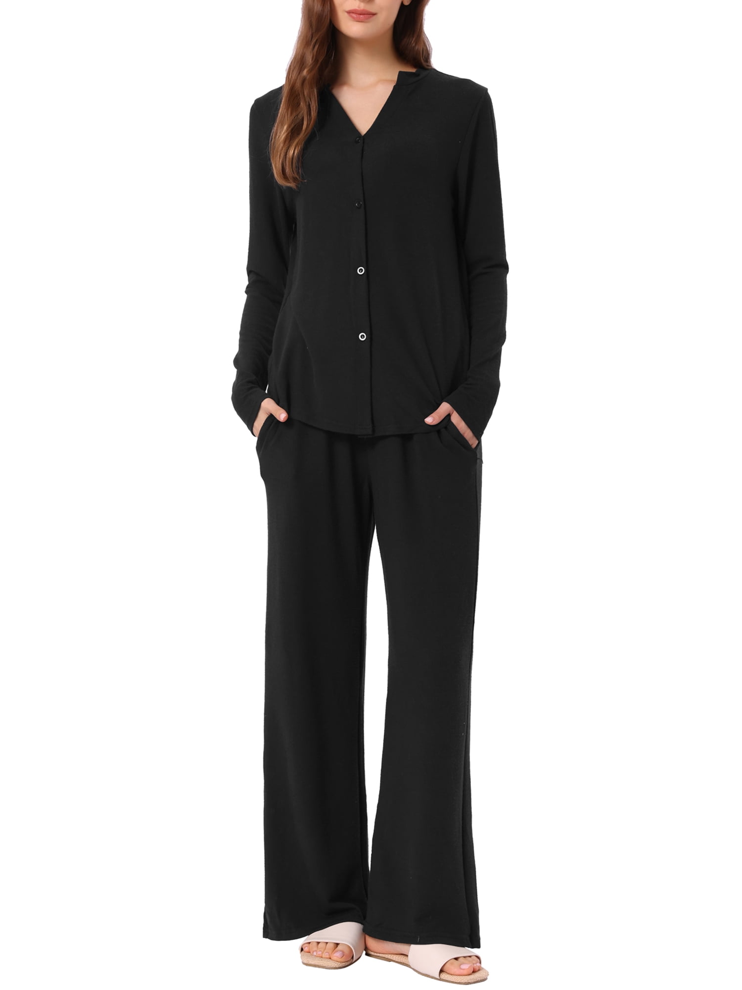 DARING DIVA Women's Sleepwear Pajamas Knit Button Down Tops and Pants with Pockets XL Black