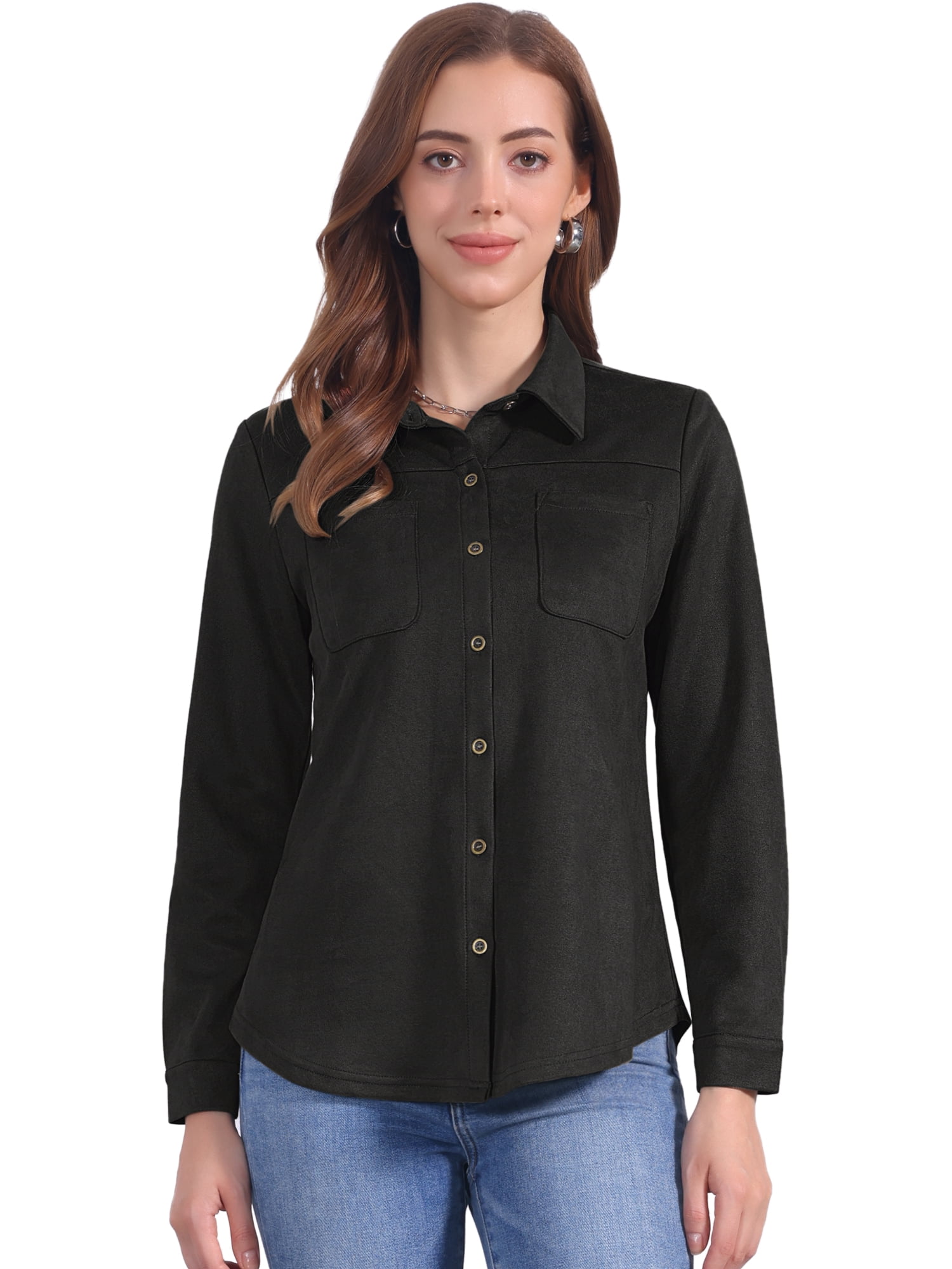 DARING DIVA Women's Button Down Long Sleeve Blouse Casual Spring Fall M Black