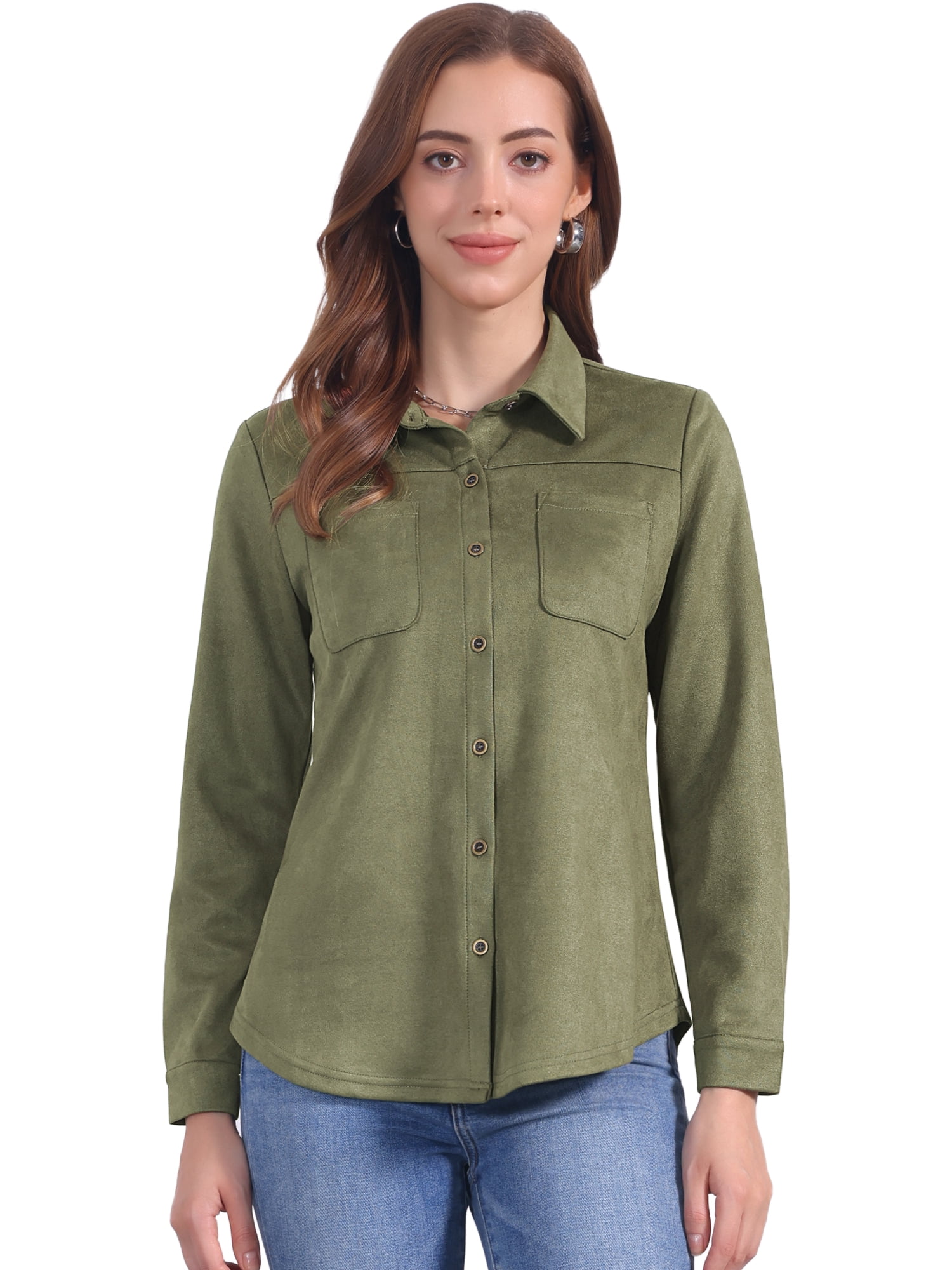 DARING DIVA Women's Button Down Long Sleeve Blouse Casual Spring Fall M Olive Green