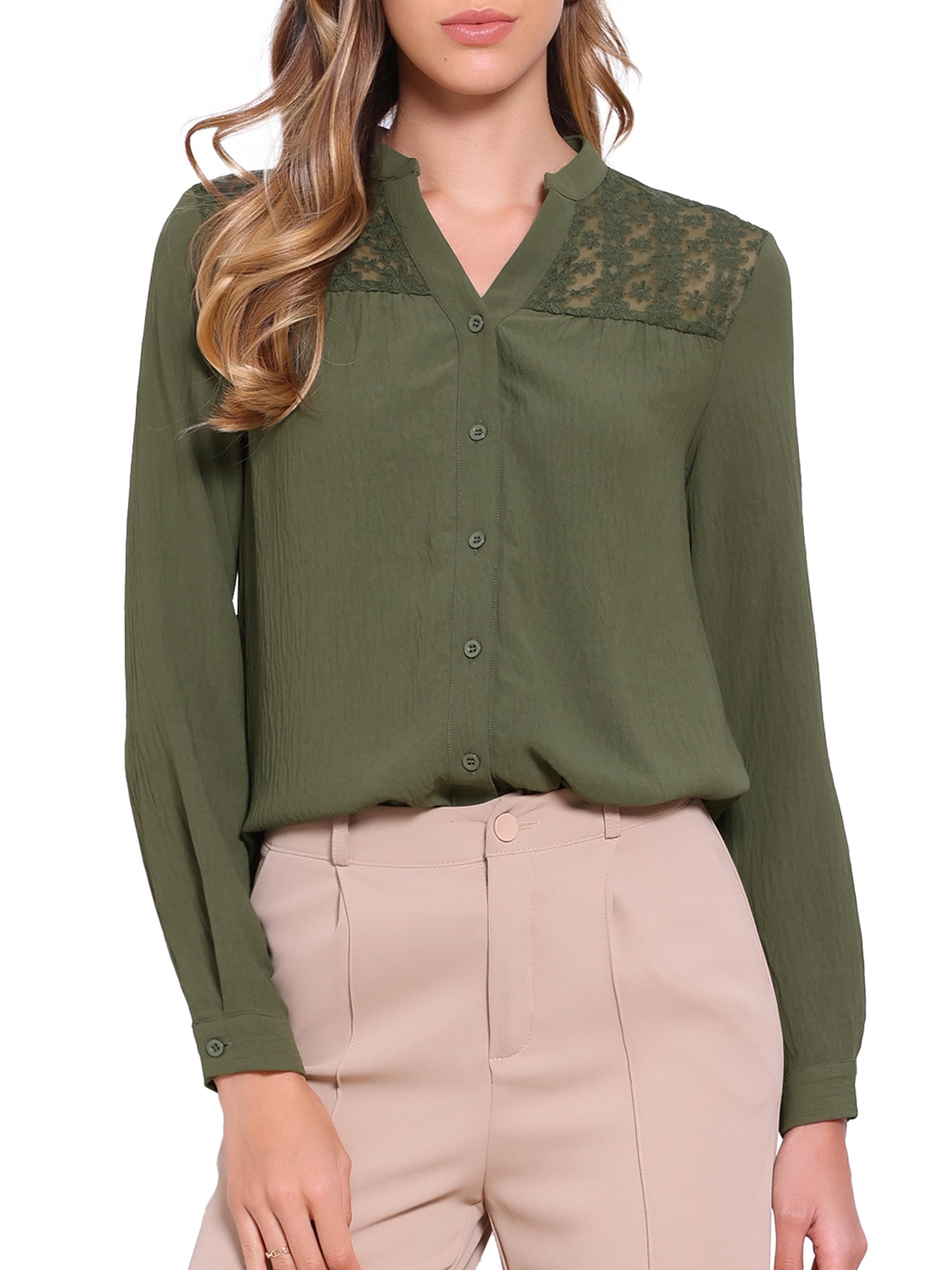 DARING DIVA Women's Button Down Long Sleeve  Casual Trendy Blouse S Army Green