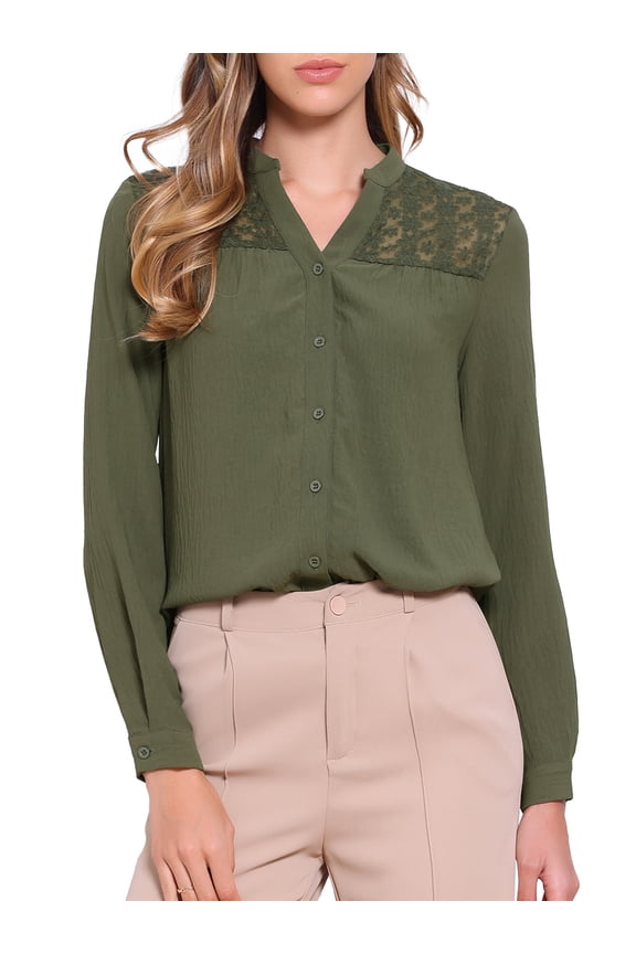 Women's Button Down Long Sleeve  Casual Trendy Blouse S Army Green