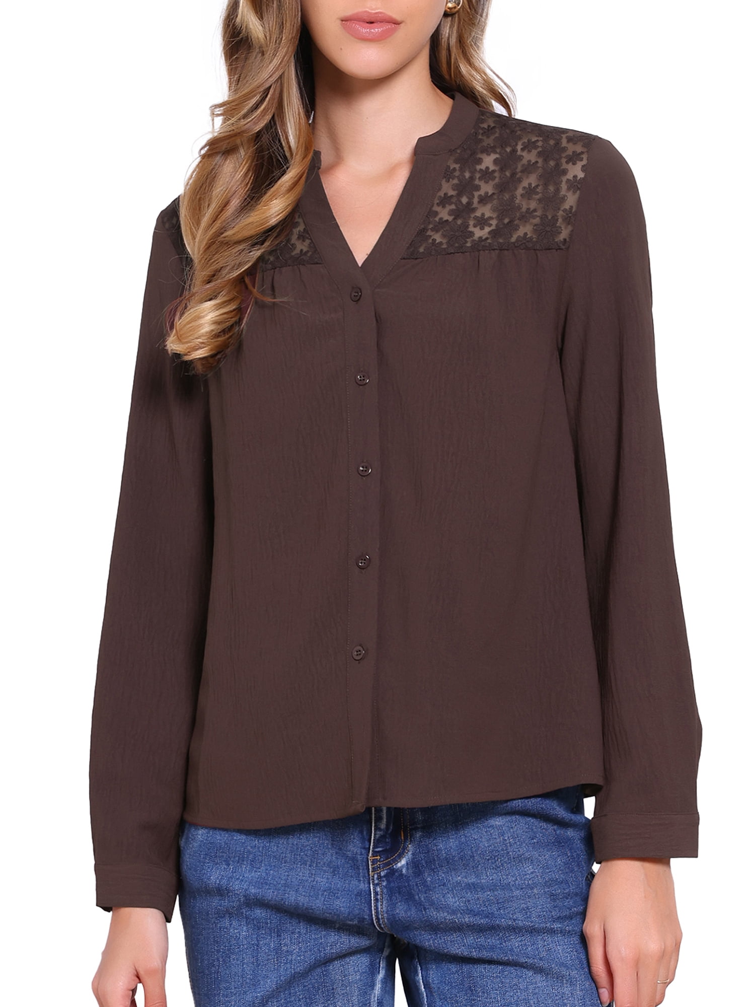 DARING DIVA Women's Button Down Long Sleeve  Casual Trendy Blouse XS Coffee