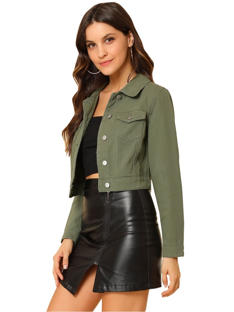 DARING DIVA Women's Button Down Long Sleeve Cropped Denim Jacket