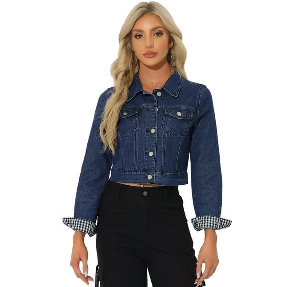 DARING DIVA Women's Button Down Long Sleeve Cropped Denim Jacket L Denim Blue