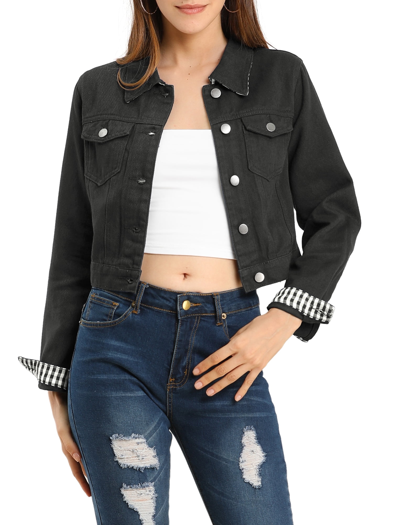 DARING DIVA Women's Button Down Long Sleeve Cropped Denim Jacket M Black