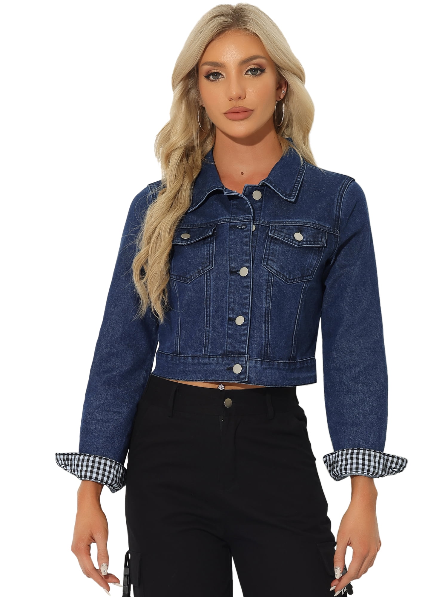 DARING DIVA Women's Button Down Long Sleeve Cropped Denim Jacket M Denim Blue
