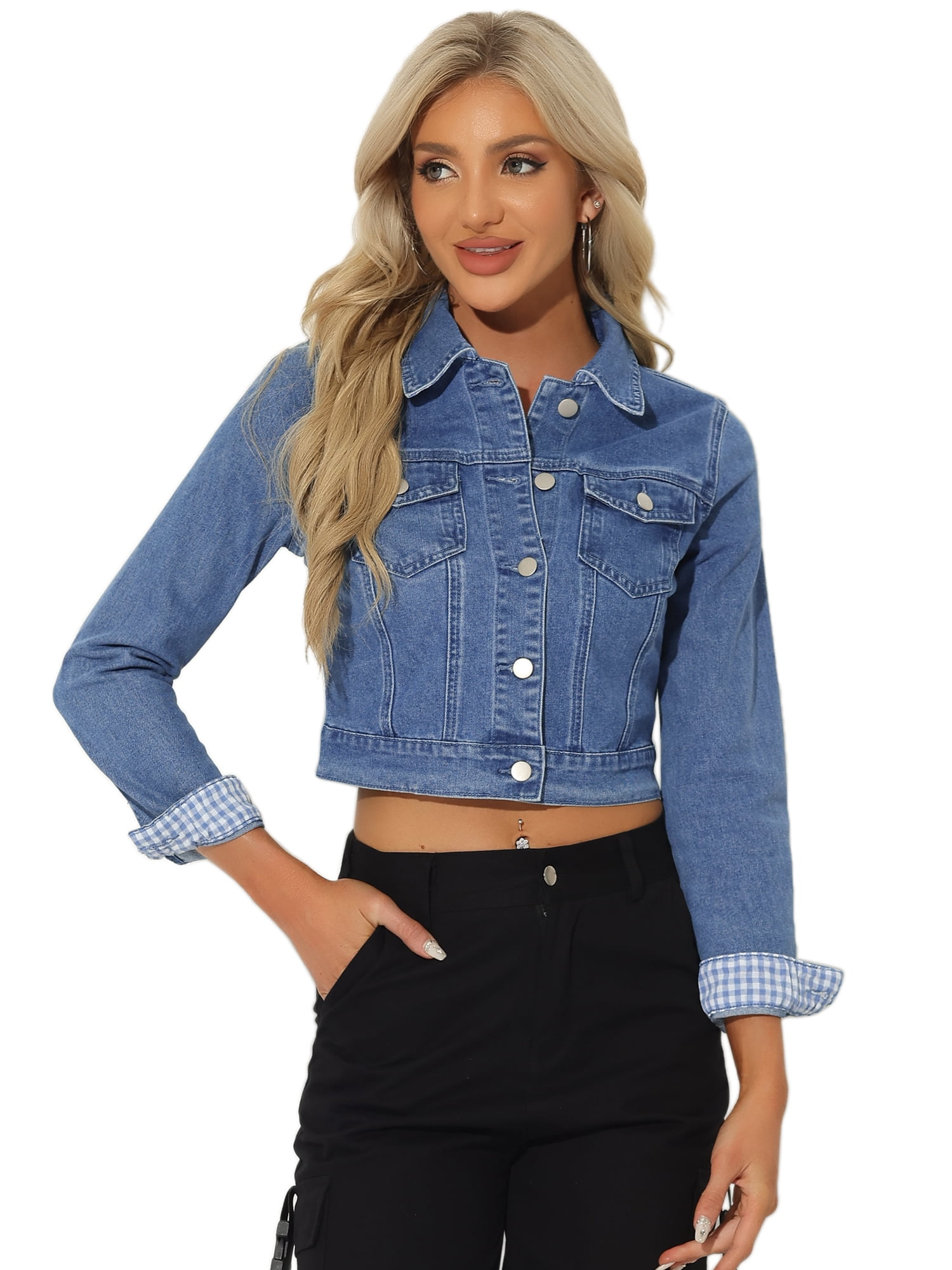 DARING DIVA Women's Button Down Long Sleeve Cropped Denim Jacket M Light Blue