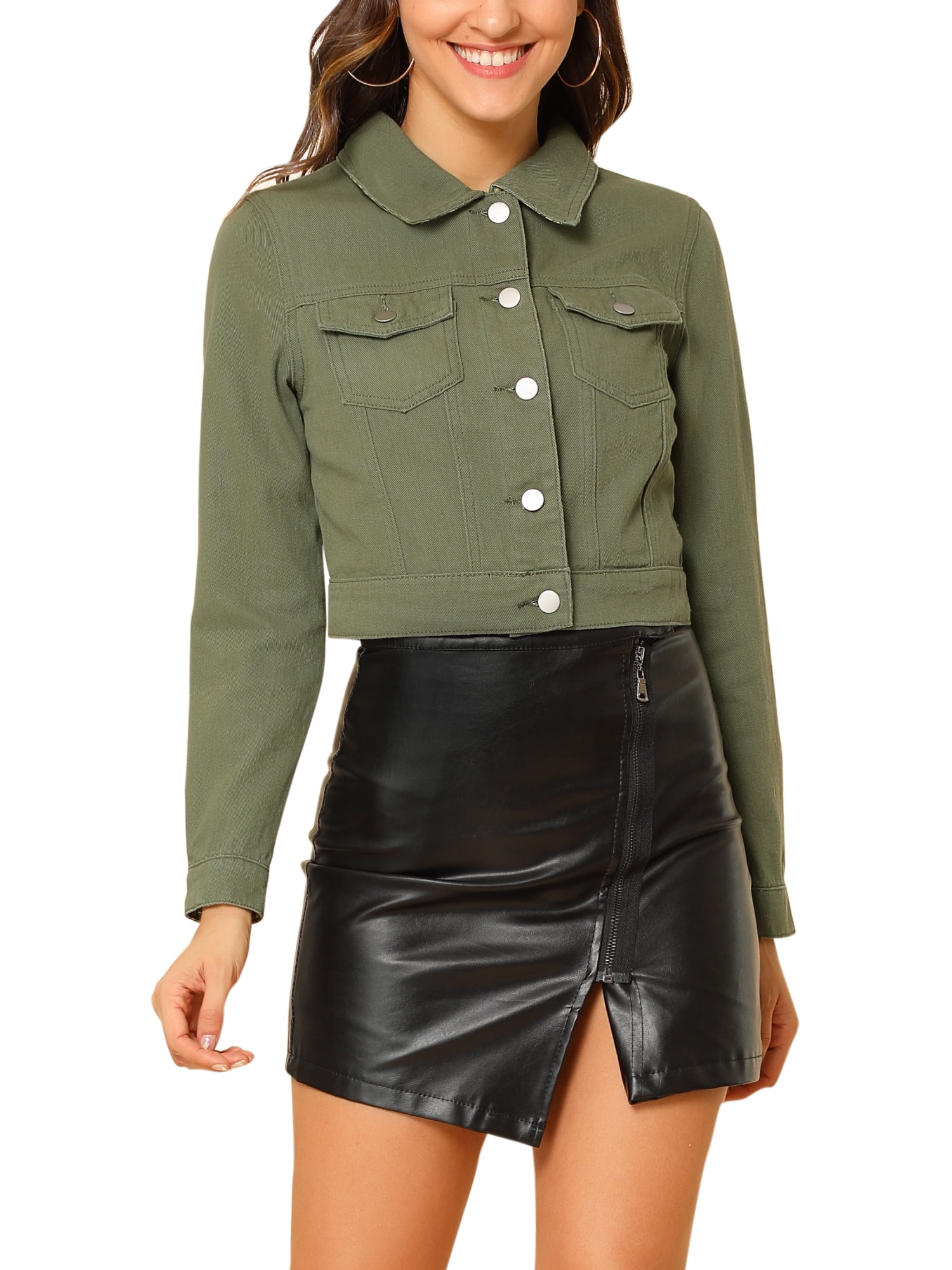 DARING DIVA Women's Button Down Long Sleeve Cropped Denim Jacket S Olive Green