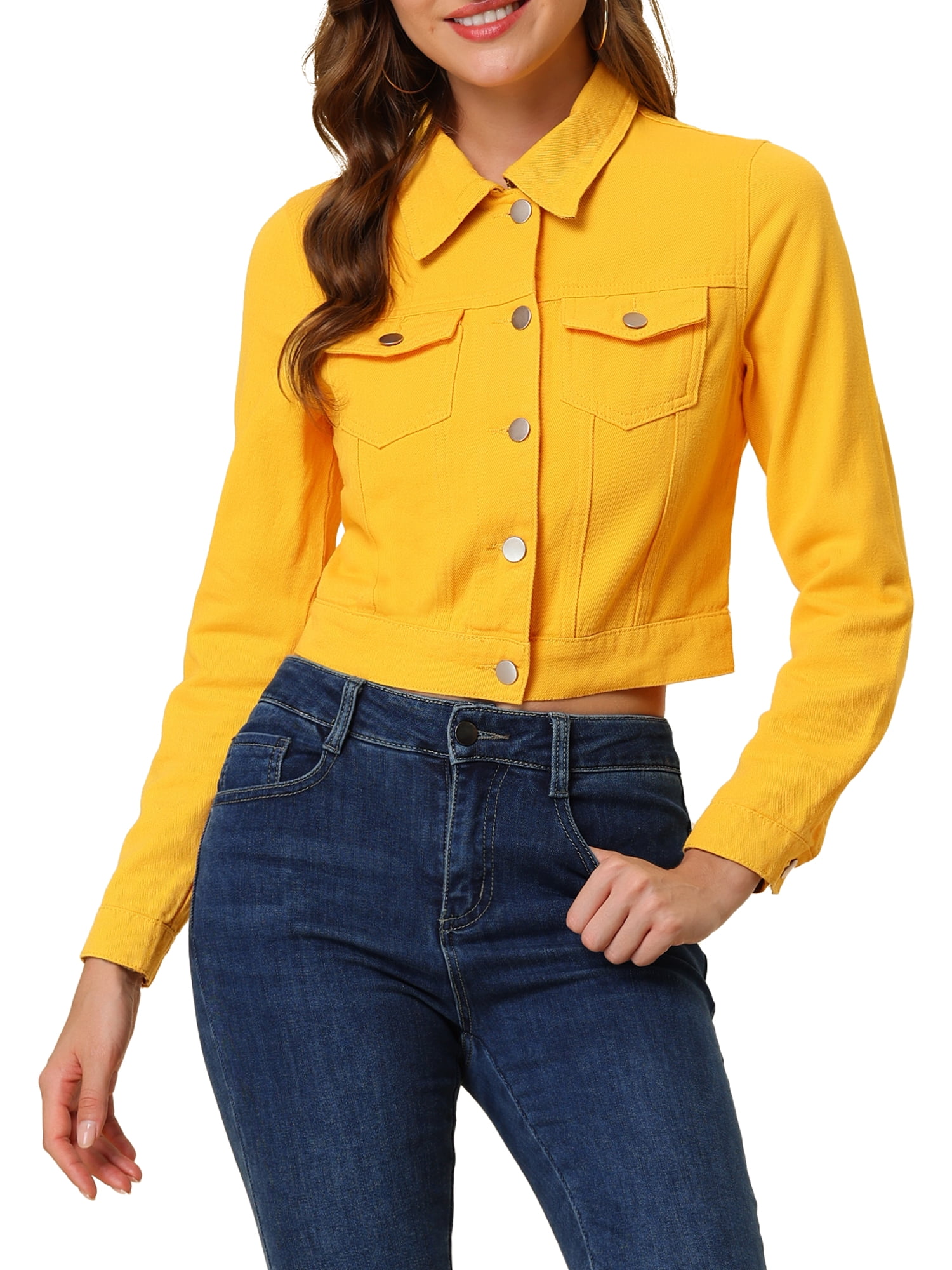 DARING DIVA Women's Button Down Long Sleeve Cropped Denim Jacket S Yellow