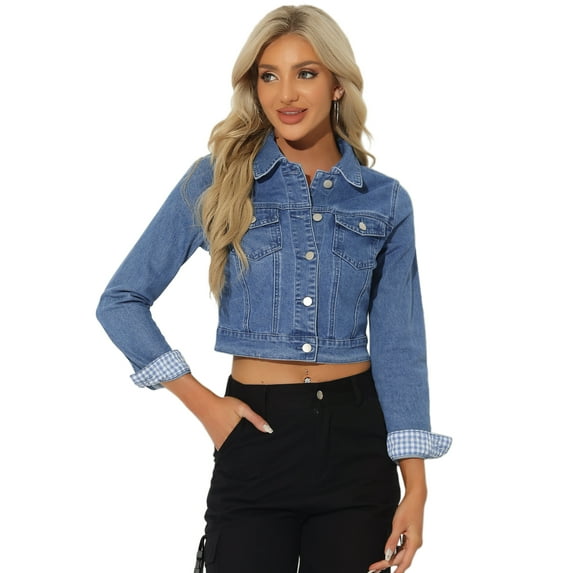 DARING DIVA Women's Button Down Long Sleeve Cropped Denim Jacket XL Light Blue