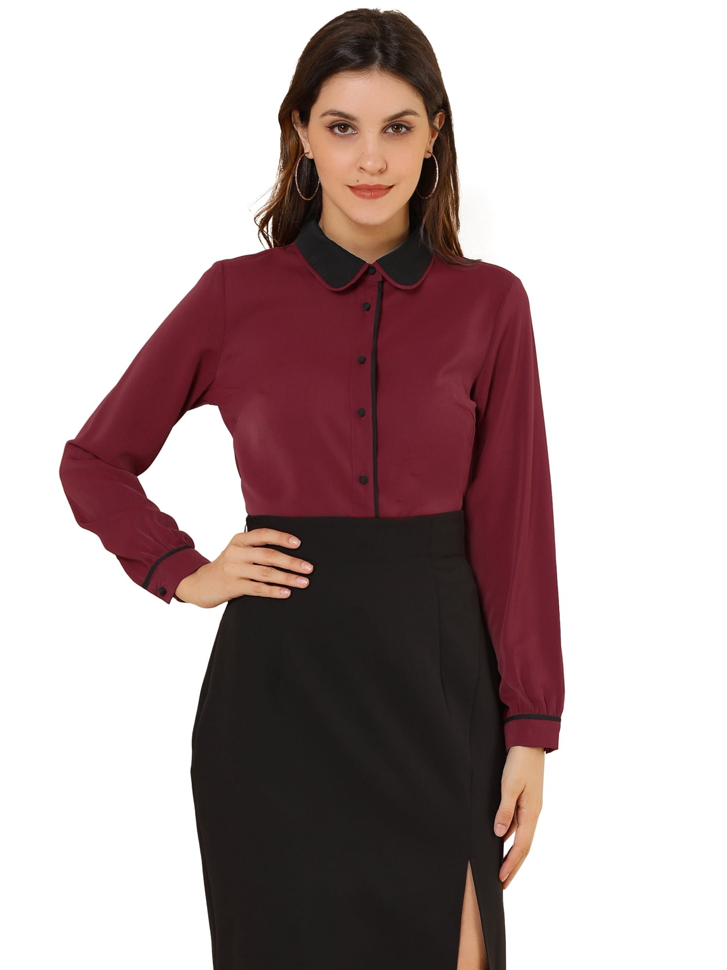DARING DIVA Women's Button Down Long Sleeve Peter Pan Collar Blouse L Burgundy