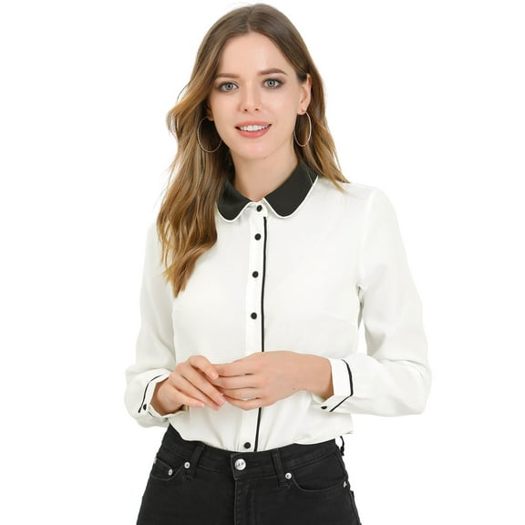 DARING DIVA Women's Button Down Long Sleeve Peter Pan Collar Blouse L White