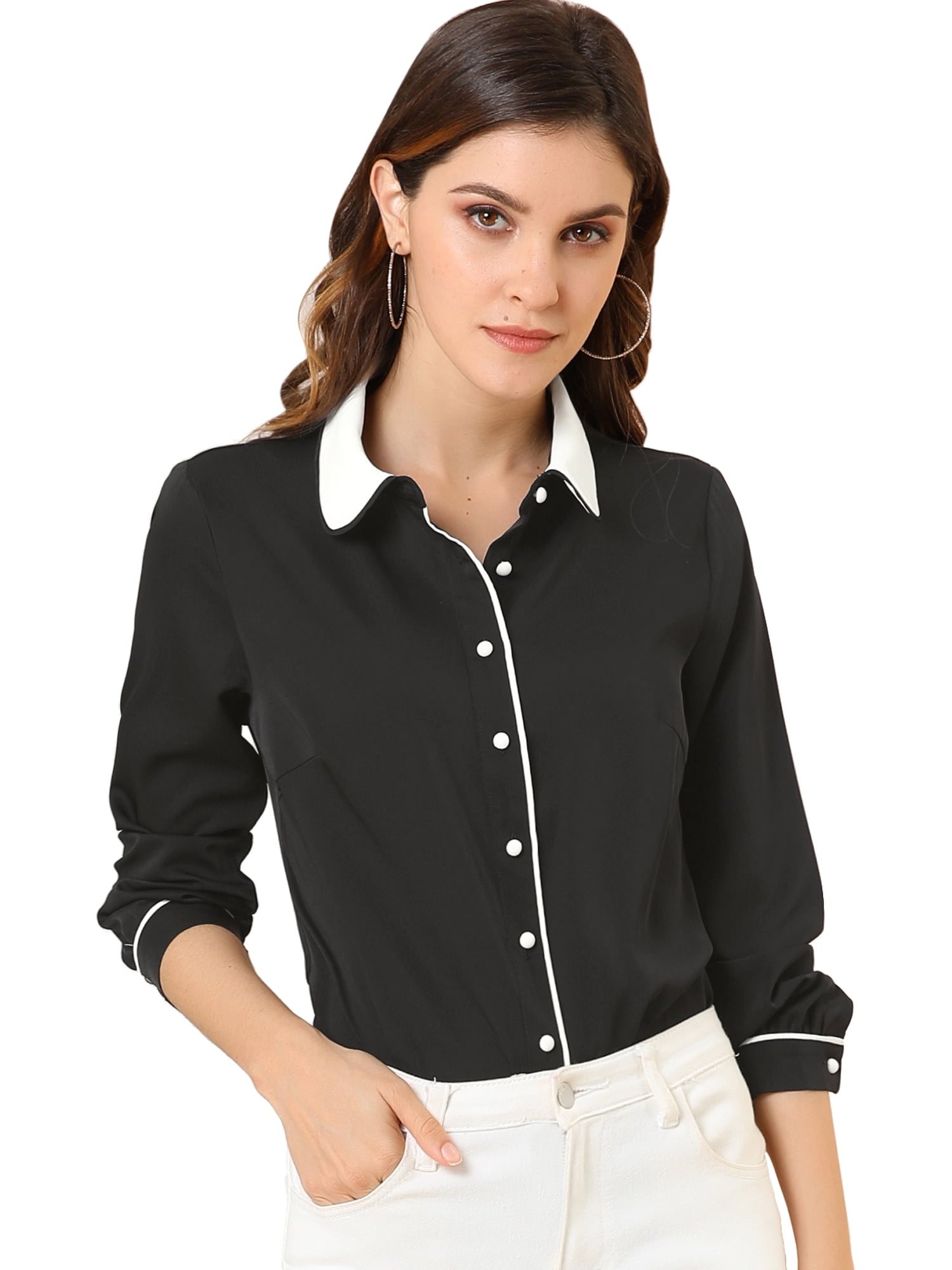 DARING DIVA Women's Button Down Long Sleeve Peter Pan Collar Blouse XL Black