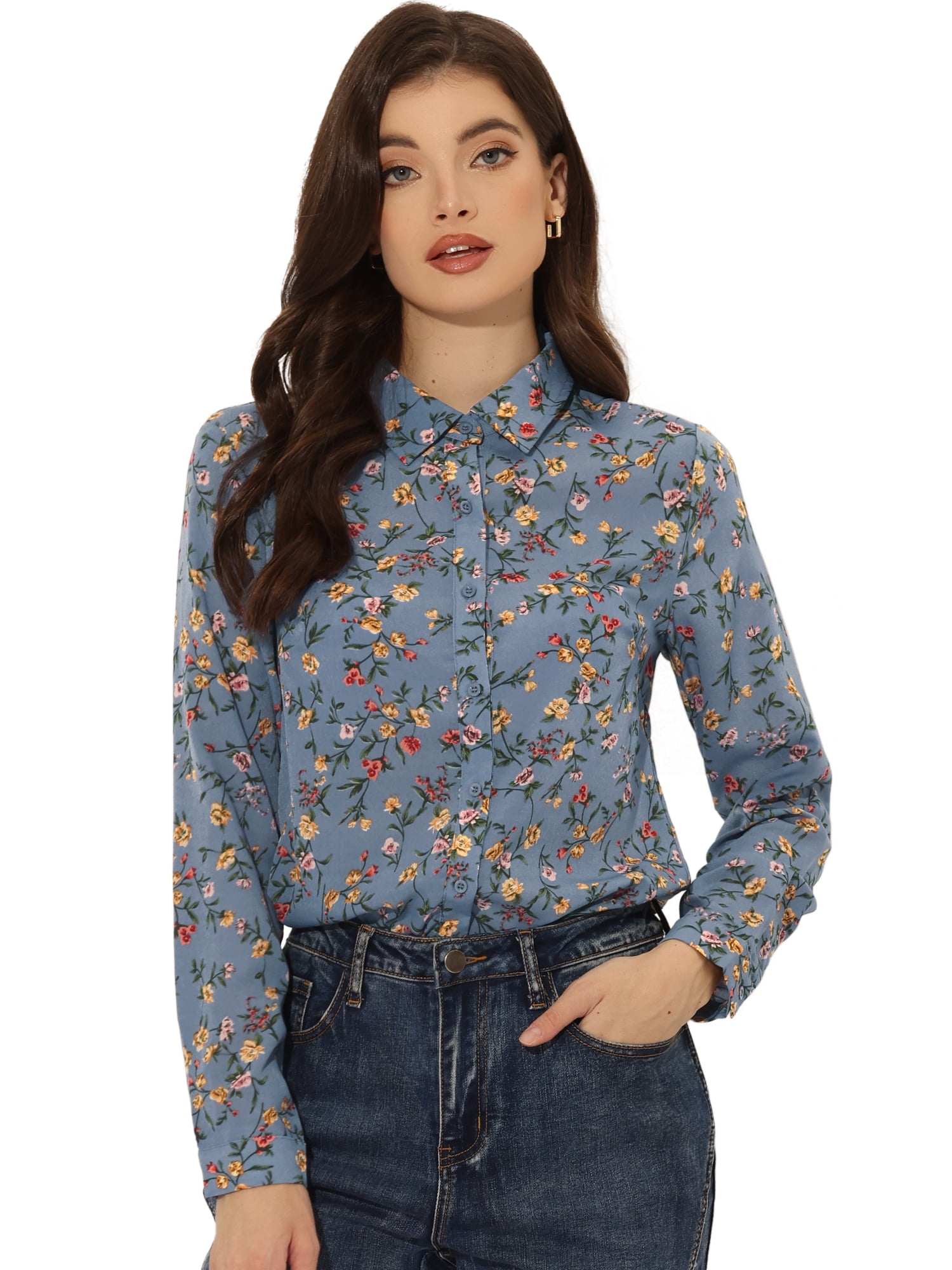 DARING DIVA Women's Button Down Long Sleeve Point Collar Blouse 2XL Gray-Yellow Floral