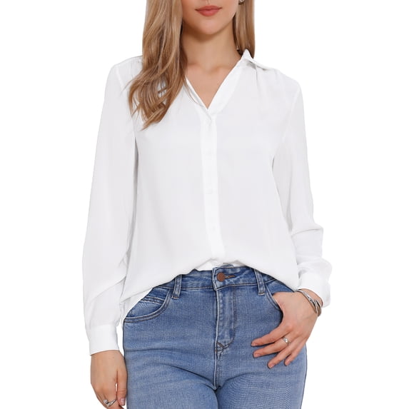 DARING DIVA Women's Button Down Long Sleeve V Neck Trendy Blouse XS White