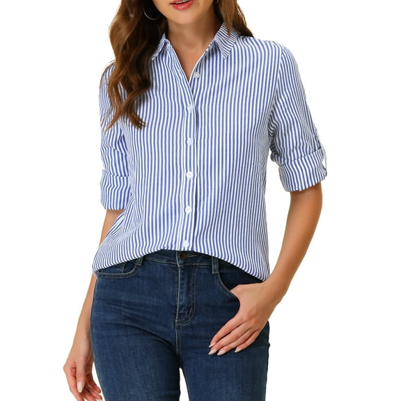 DARING DIVA Women's Button Down Long Sleeve Vertical Stripes Shirt 3XL Blue