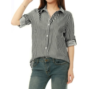 DARING DIVA Women's Button Down Long Sleeve Vertical Stripes Shirt S Black