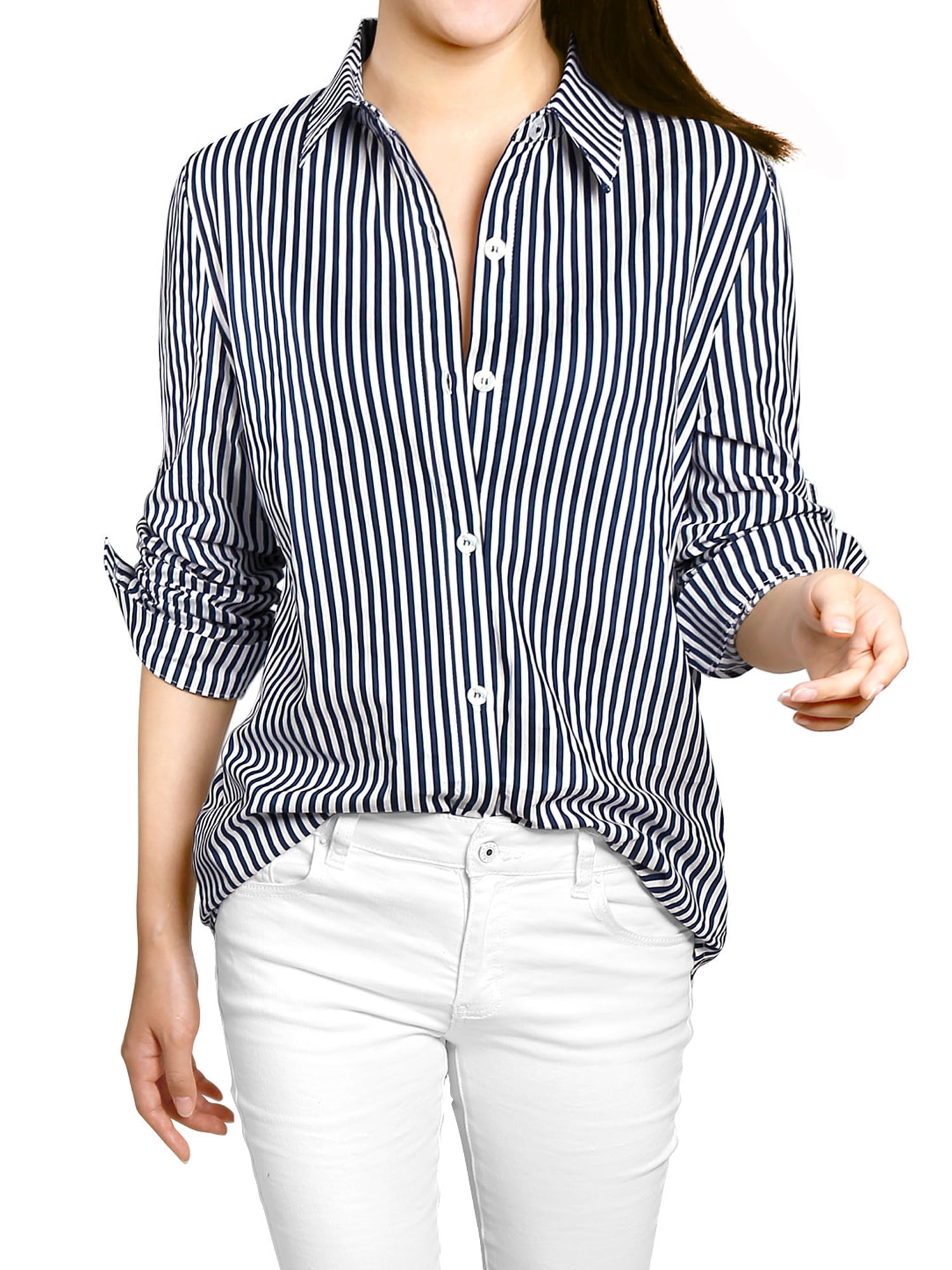 DARING DIVA Women's Button Down Long Sleeve Vertical Stripes Shirt S Dark Blue