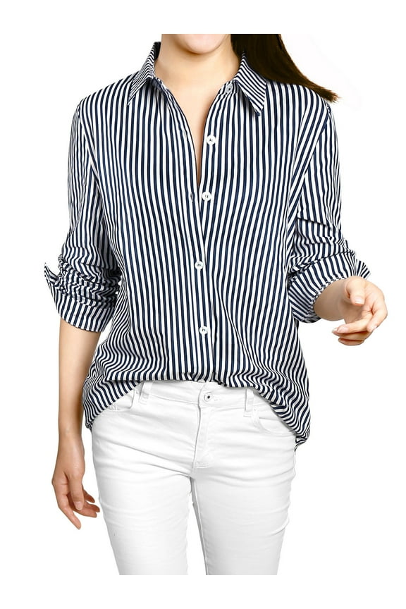 Women's Button Down Long Sleeve Vertical Stripes Shirt S Dark Blue