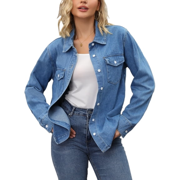 DARING DIVA Women's Button Down Long Sleeve Western Shacket With Pockets M Blue