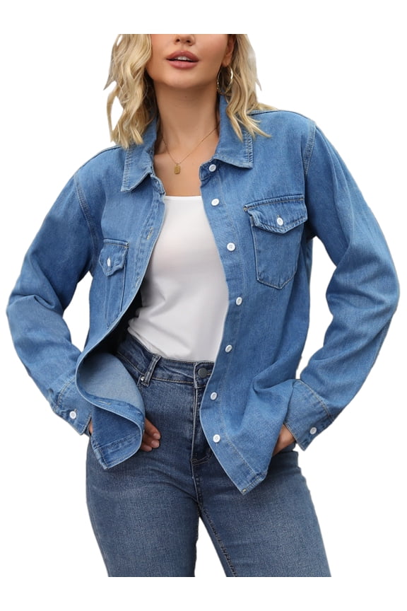 Women's Button Down Long Sleeve Western Shacket With Pockets M Blue
